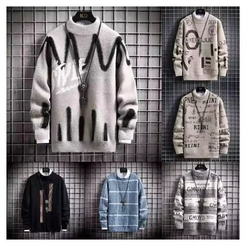 Cotton wool cashmere round neck knitted men's sweater pullover oversized character pattern inlaid knit sweater