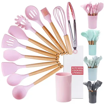 11pcs Heat resistant bisphenol a free color silicone kitchen Cooking utensils set Wooden handle Kitchen tools spatula set