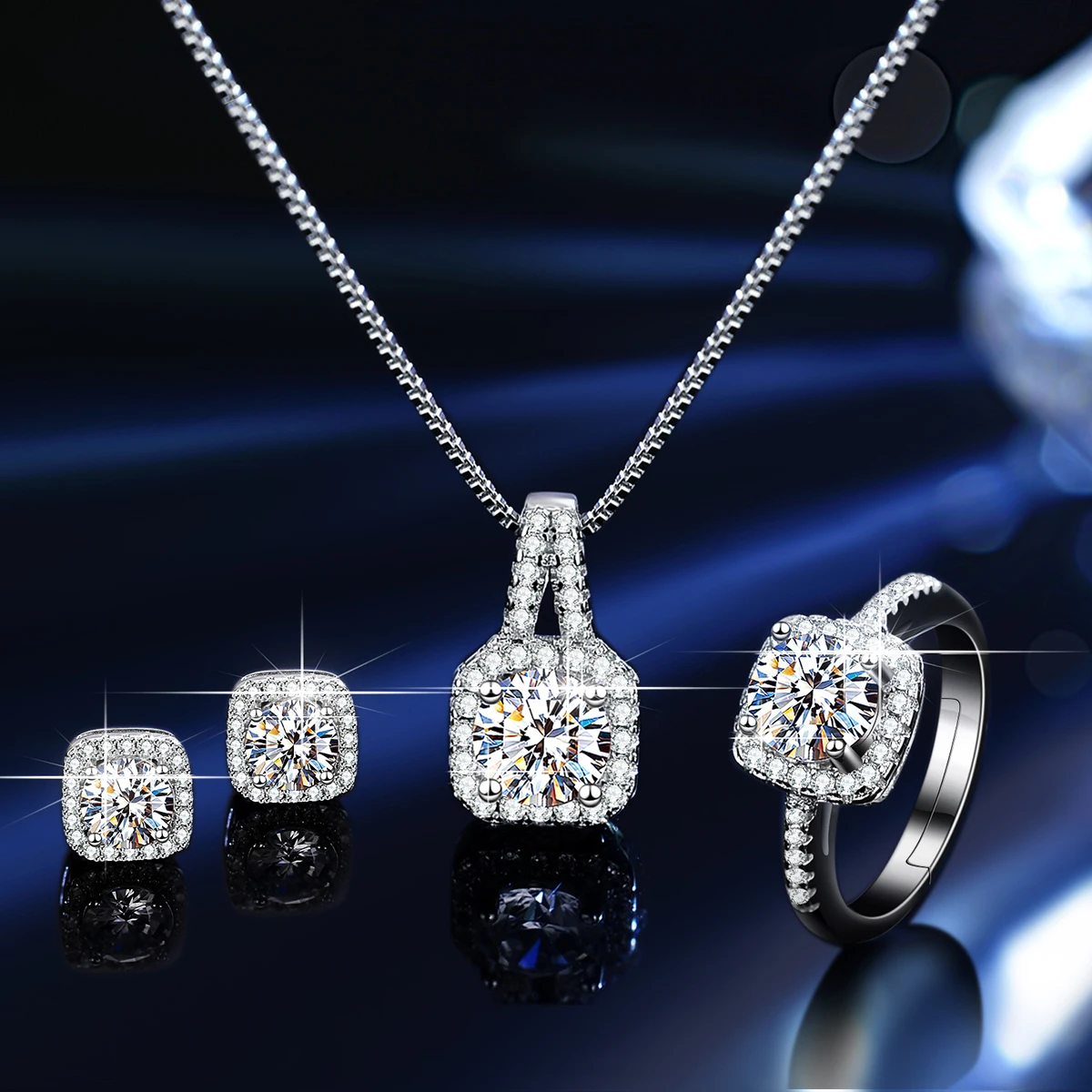 Luxury Jewelry s925 Sterling Silver Set Moissanite Square Ring Stud Necklace Ladies Three Piece Wedding Jewelry Set Ornament