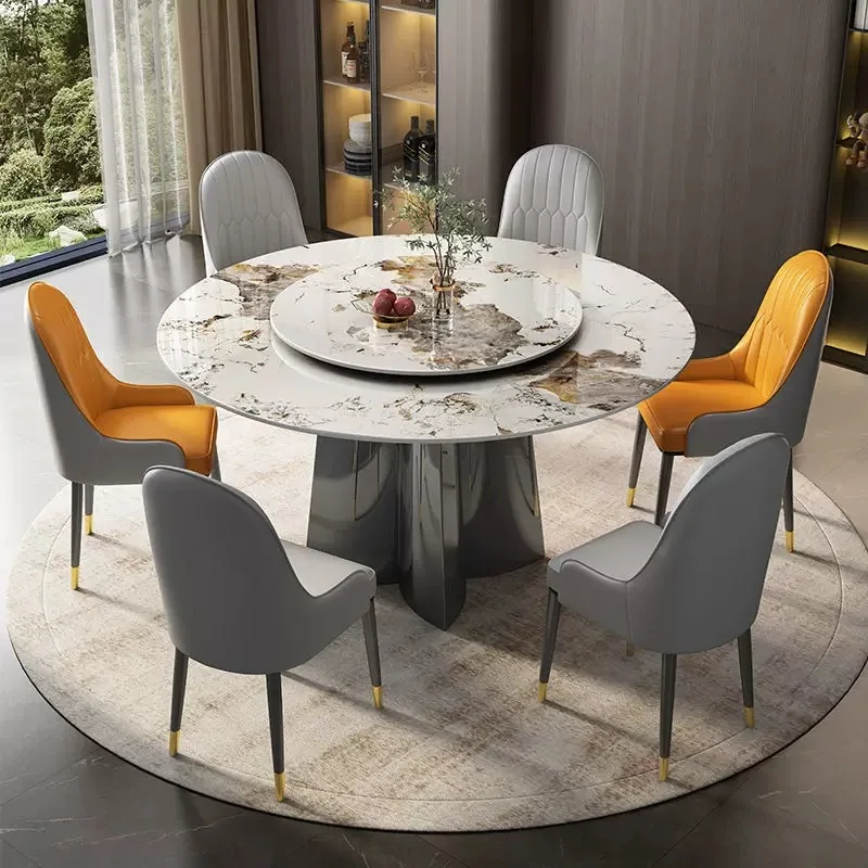 Luxury Nordic Sintered Stone Dinning Table Set For 6  Carbon Steel Base Round Dining Furniture Restaurant Table With Turntable