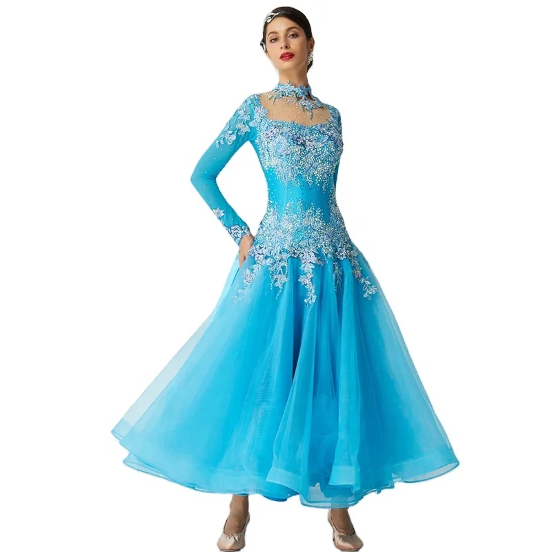 B Competition Sky Blue American Sexy Ballroom Dance Dress High