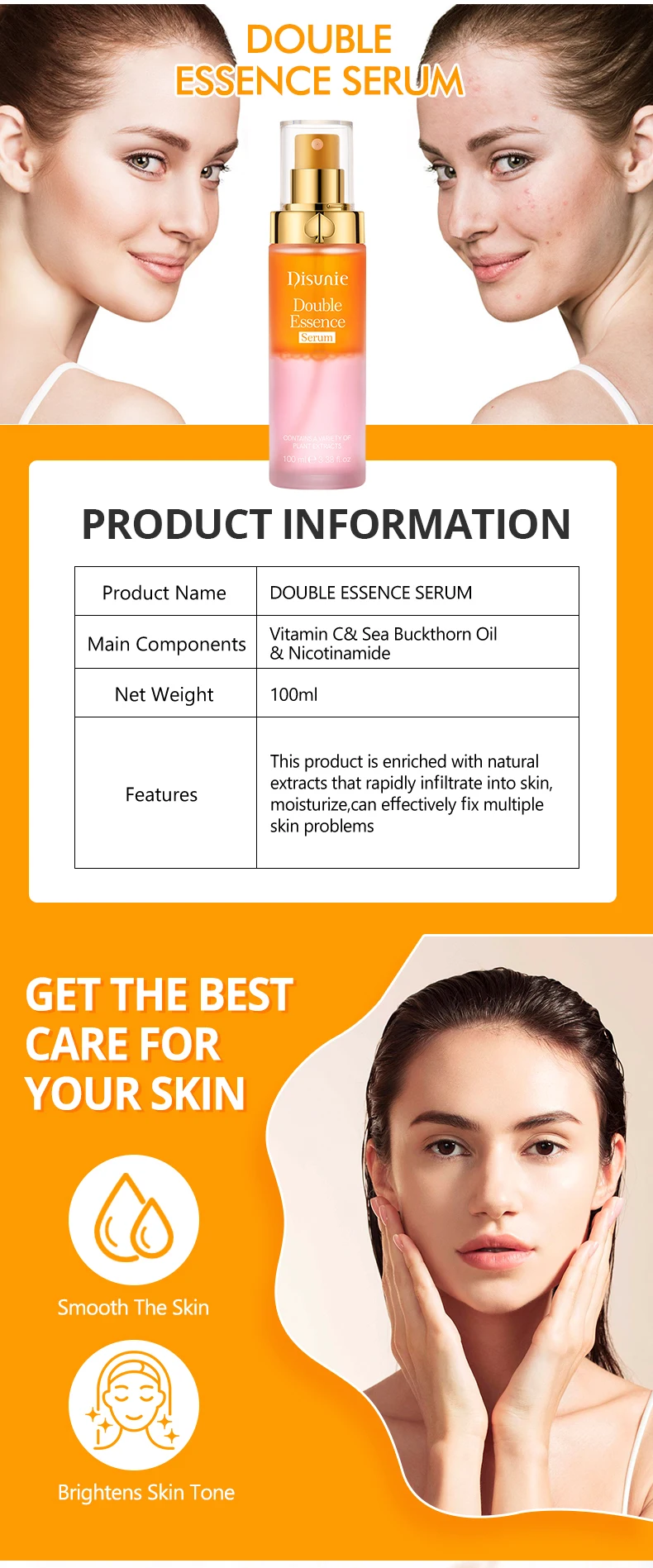 Oem Double Essence Serum Vitamin c & Niacinamide Natural Even Skin Tone Soothing Moisturizing Skin Glow Face Serum