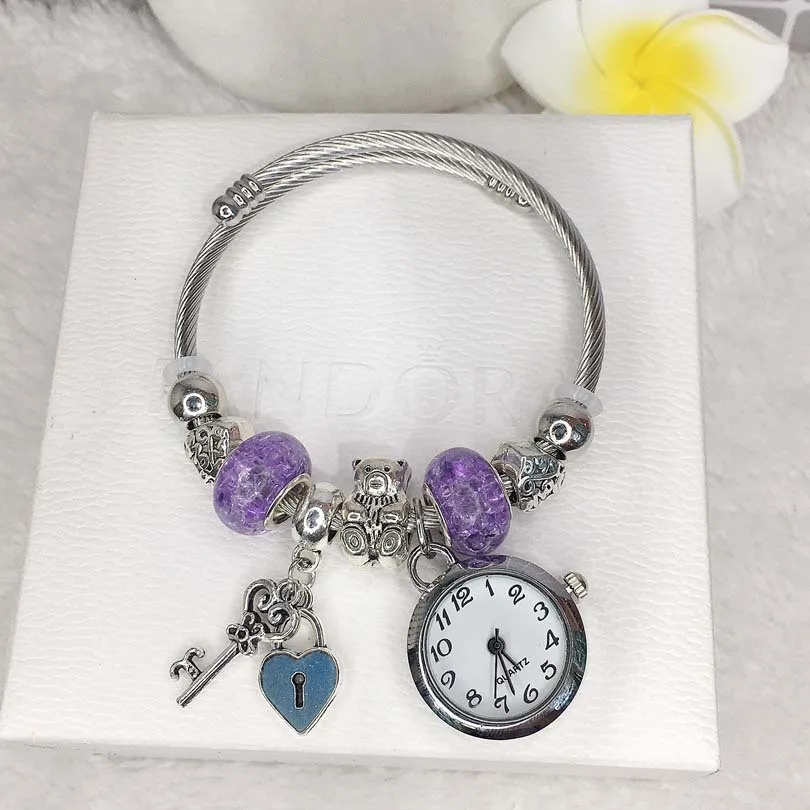 Hot Sale Silver Plated Stainless Steel Charm Bracelet With Watch Big