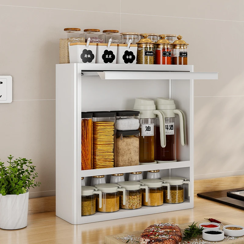 Sliding door modern kitchen Spice cupboard rack countertop 4 Tier seasoning jars organizer boxs holder storage Bottles shelf