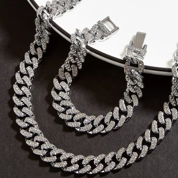 High Quality Hip Hop Cuban Link Necklace Bracelet Set Street Life Jewelry Men Silver Bracelet Necklace Jewelry Set