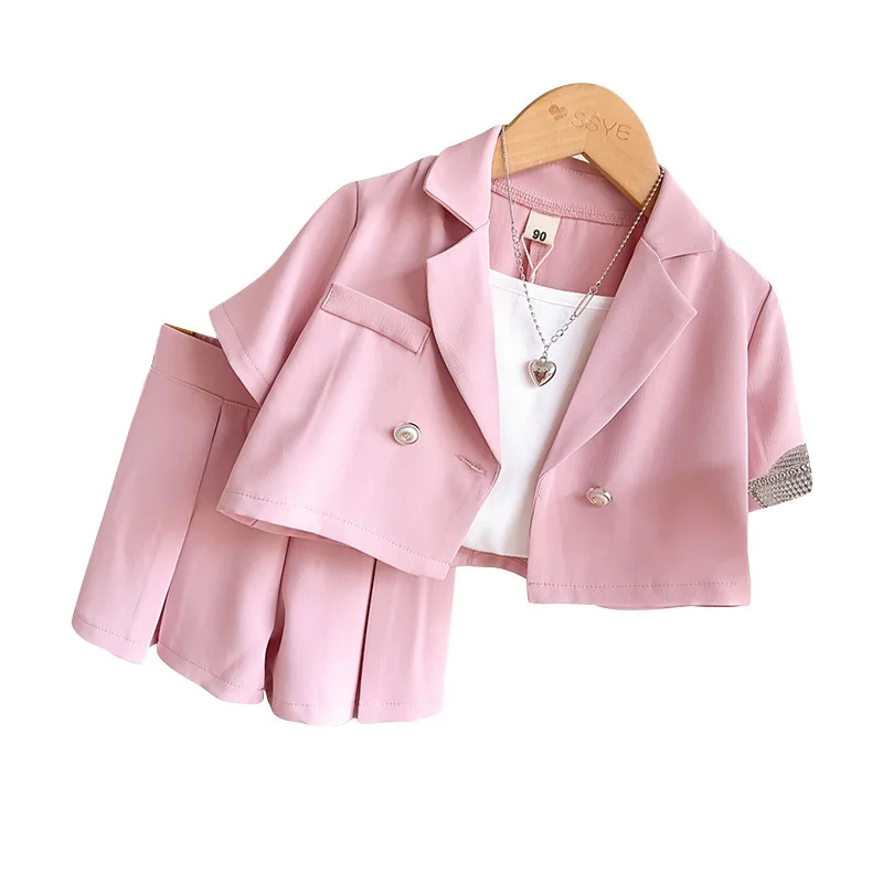 Trendy fashion children clothes boutique slip vest+lapel coat+shorts toddler baby girls clothing kids summer outfits