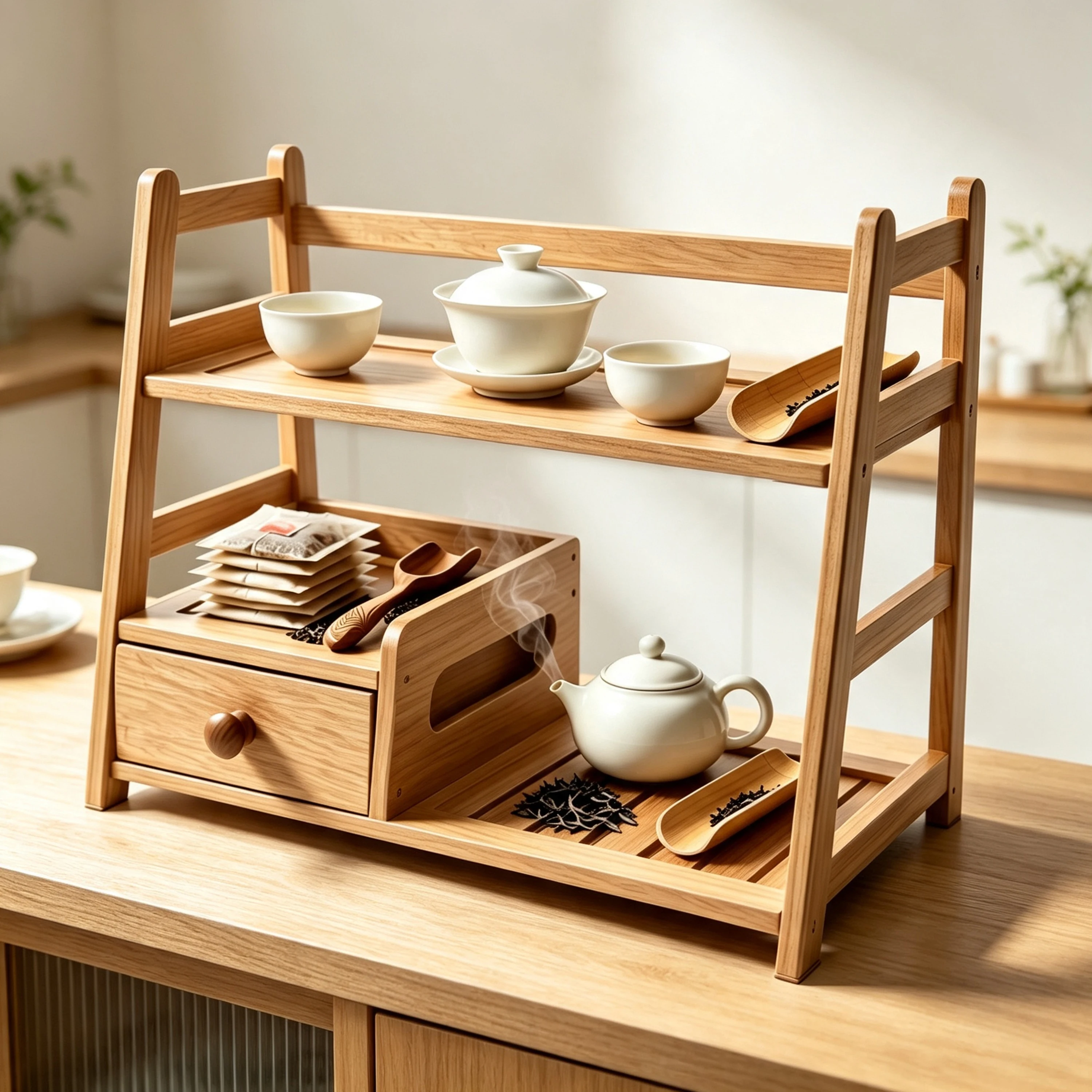 product bamboo tea matcha coffee station with drawer tea rack countertop tea bag display shelf tea station storage rack for kitchen-4