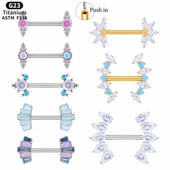 G23 ASTM F136 Titanium 14G Barbell Nipple Ring Gold 14G Push Marquise Cubic Zircon Opal Breast Piercing for Children Body