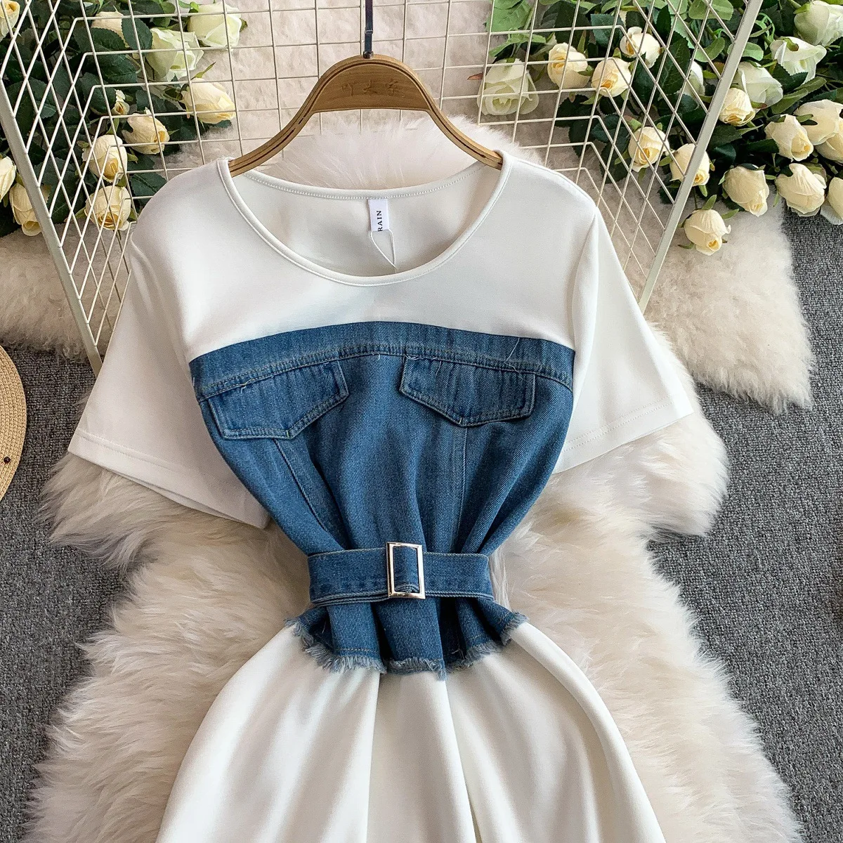 Denim Patchwork Knitted Short Sleeve Summer Anti-static High Waist Slimming Mid-length Skirt Dress for Women manufacture