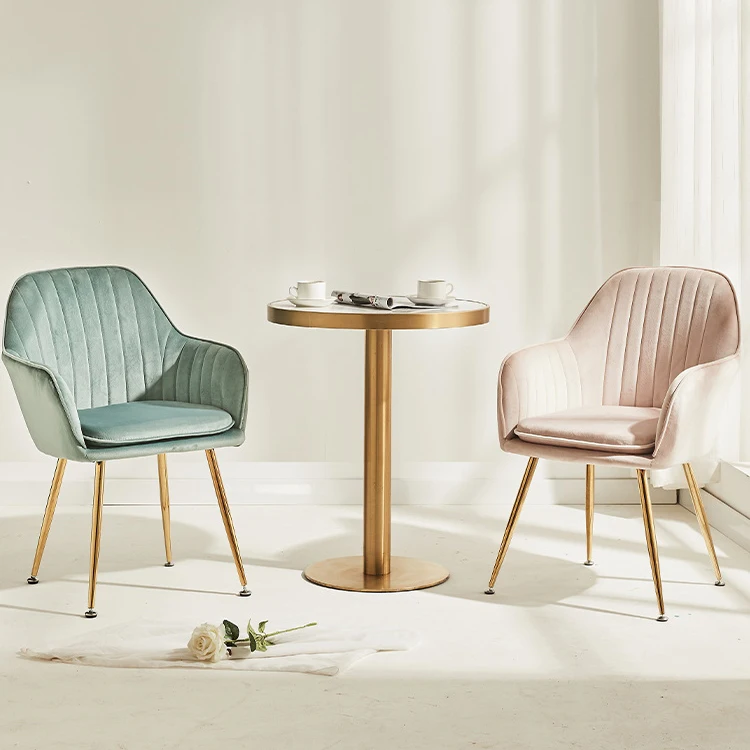 Nordic Dining Chair Gold Metal Leg Velvet Arm Chairs Tufted Pink Green Velvet Chair For Dining Room