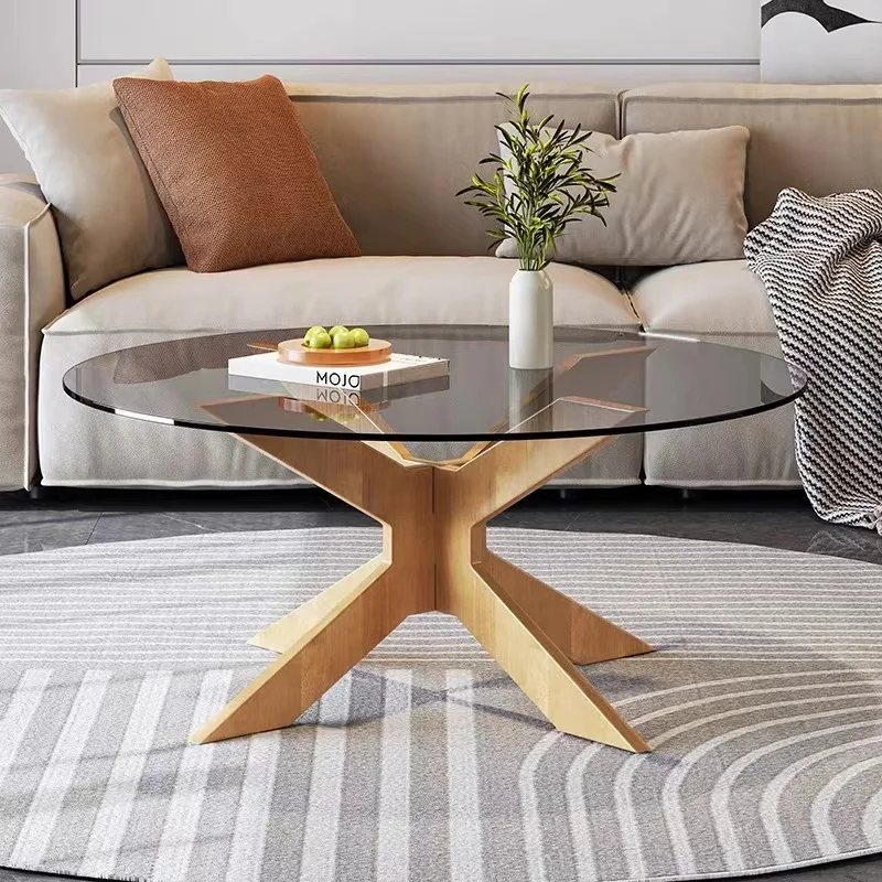 Contemporary Round Modern Glass Walnut Center Coffee Table with Solid Wood Legs for Small Space in Living Room