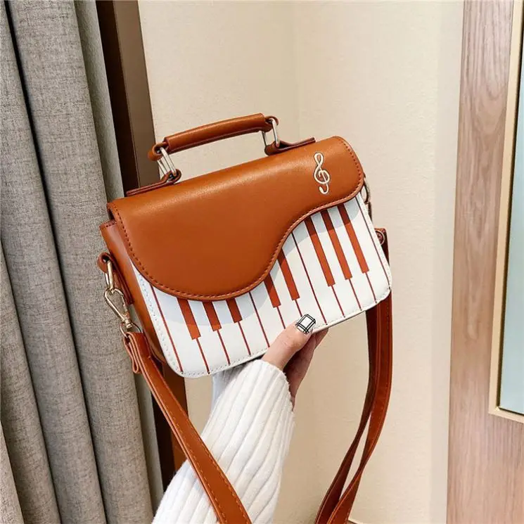 Hot Selling Woman Stylish Special Design Piano Pattern Handbag Brown Pu Purse Piano Cross-body Bags
