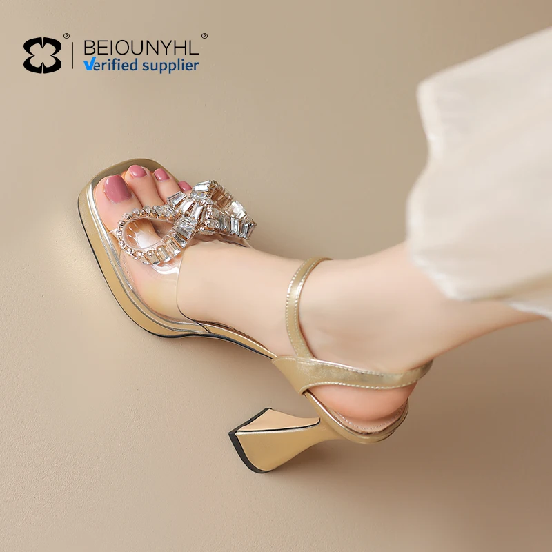 Luxury custom Manufacturer Fancy Transparent Lace Rhinestone Bowknot Ankle Strap Chunky Heels platform Women Sandals