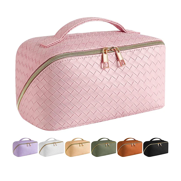 2023 PU Leather Waterproof Cosmetic Bag Large Capacity Travel Makeup Bag Divider Flat Lay Makeup Organizer Bag