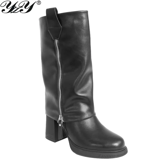 Wholesale YZY Women's PU Knee-High Heeled Boots Black Season Winter Autumn Spring Comfortable High-Top Style with Zip Closure