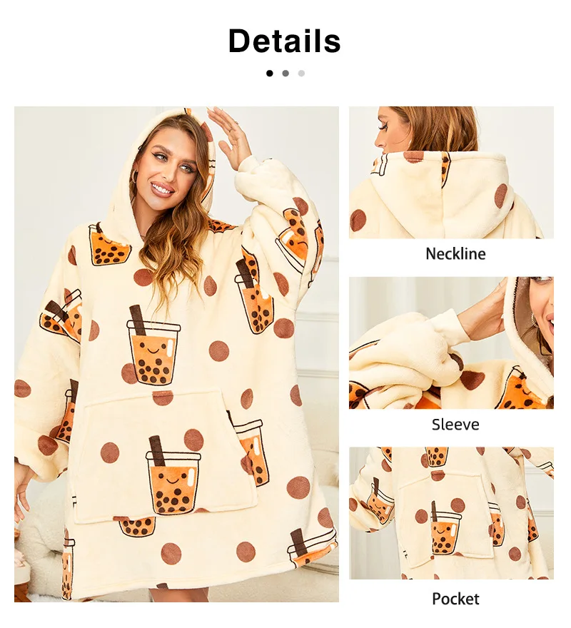 High Quality Warm Flannel Sherpa Berber Fleece Home Homewear Sleep Pajama Women Long Sleeves OEM Spring Winter Blanket Hoodies