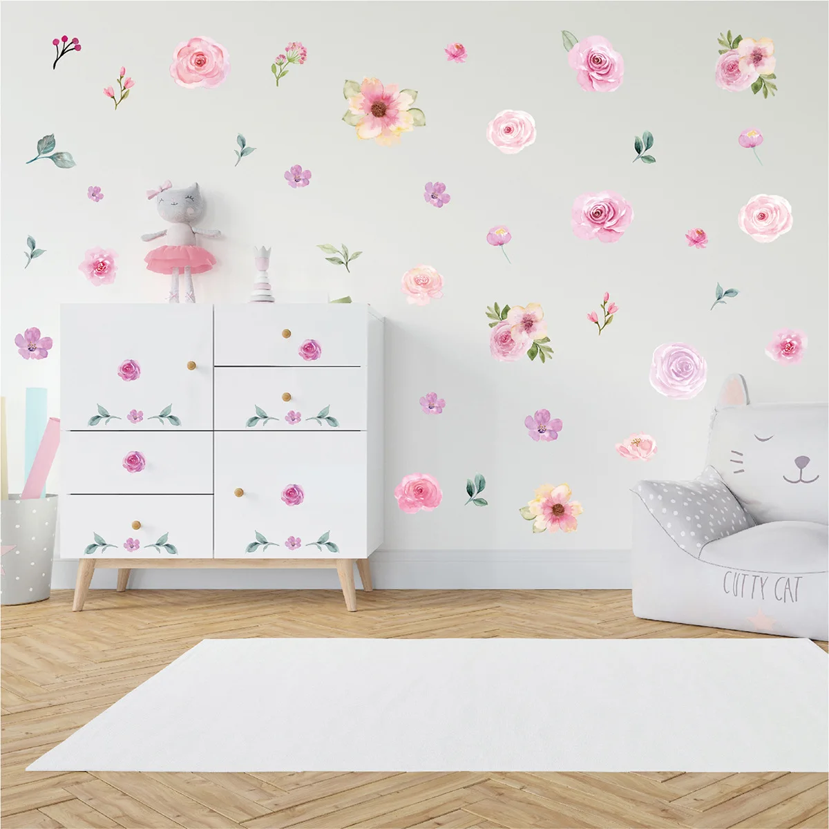 Watercolor Pink Flowers Wall Decal Blooming Peony Floral Wall Sticker