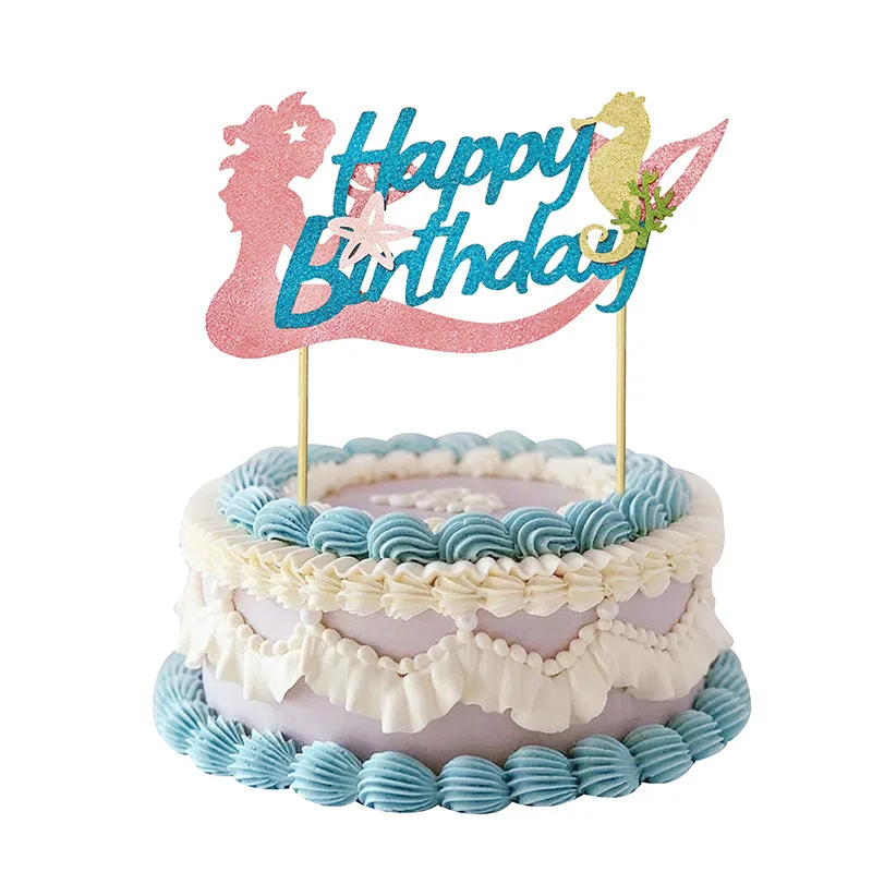 Seahorse Starfish Mermaid Happy Birthday Cake Insert Card Mermaid Theme Birthday Party Decoration Supplies