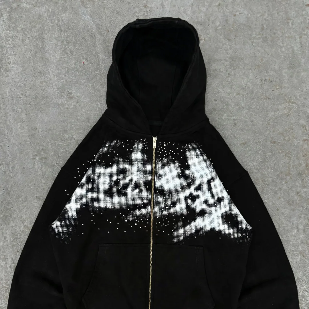 product wholesale mens gradient halftone rhinestone zip hoodie vintage loose red black street zip hoodiesmall moq custom-4