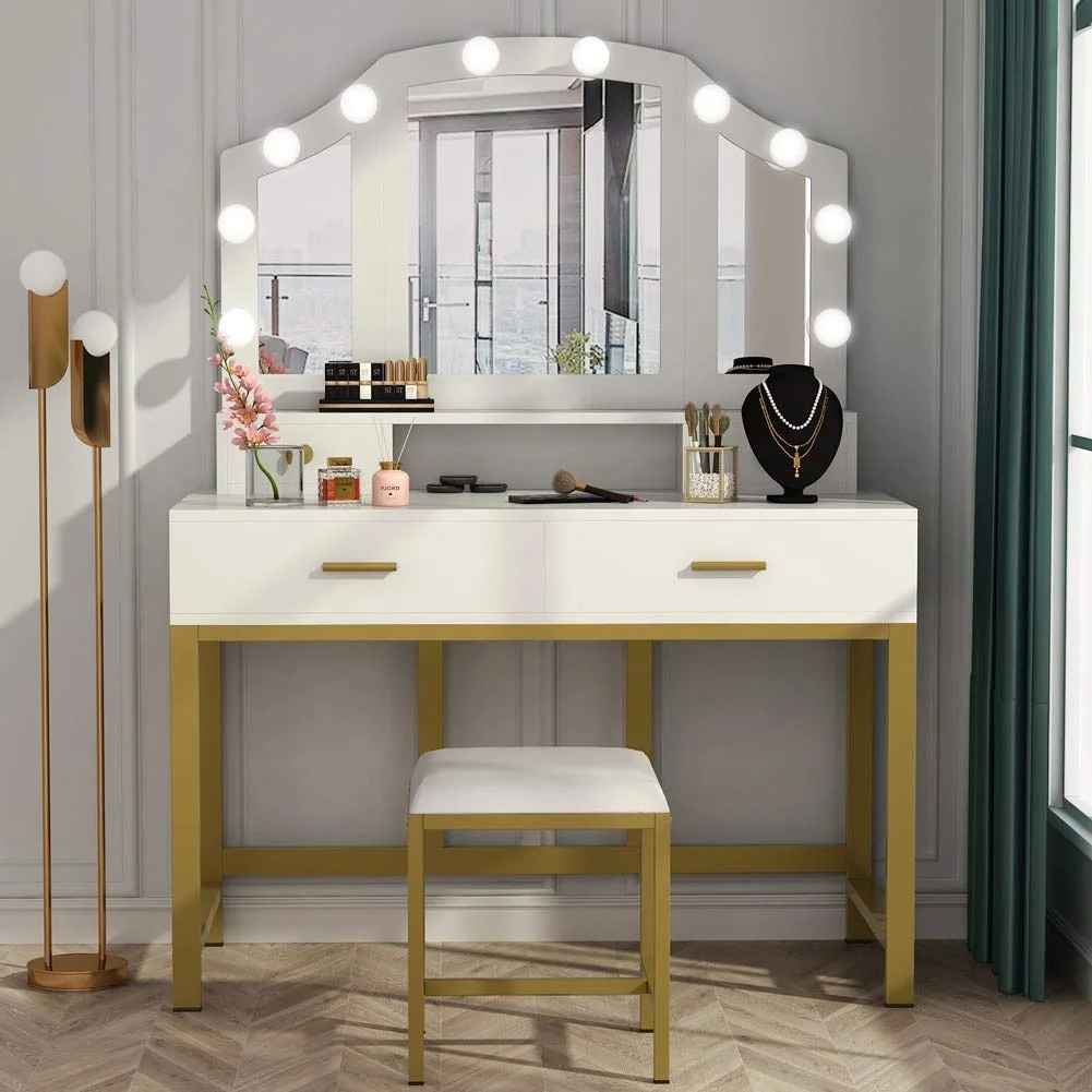 NOVA Elegant Makeup Table Golden Frame Vanity Dresser 47inch Large Vanity Set with Tri-Folding Lighted Mirror