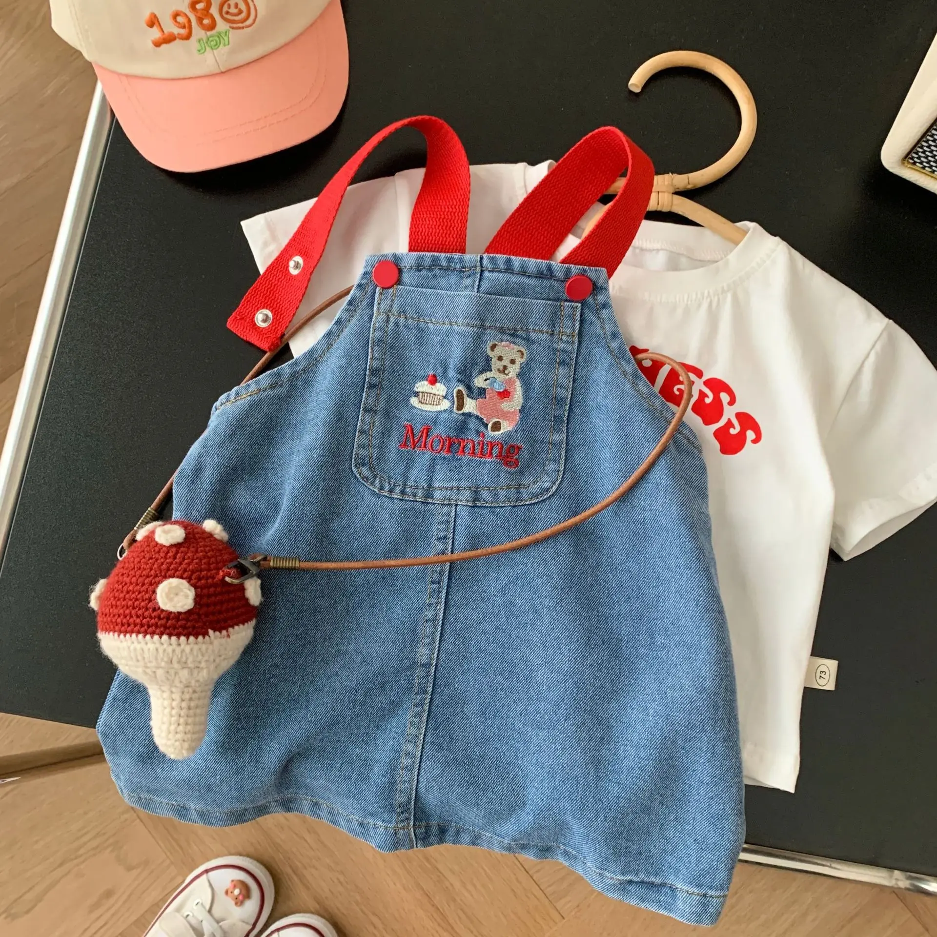 Summer Girls' Cartoon Denim Skirt Fashion Children's Embroidery Bear Dress Baby Girls' Clothes