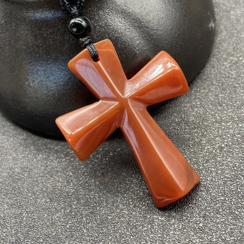 Jade Cross Pendant Men Necklace Meditation Jewelry Natural Stone Frosted Black Onyx Catholic
