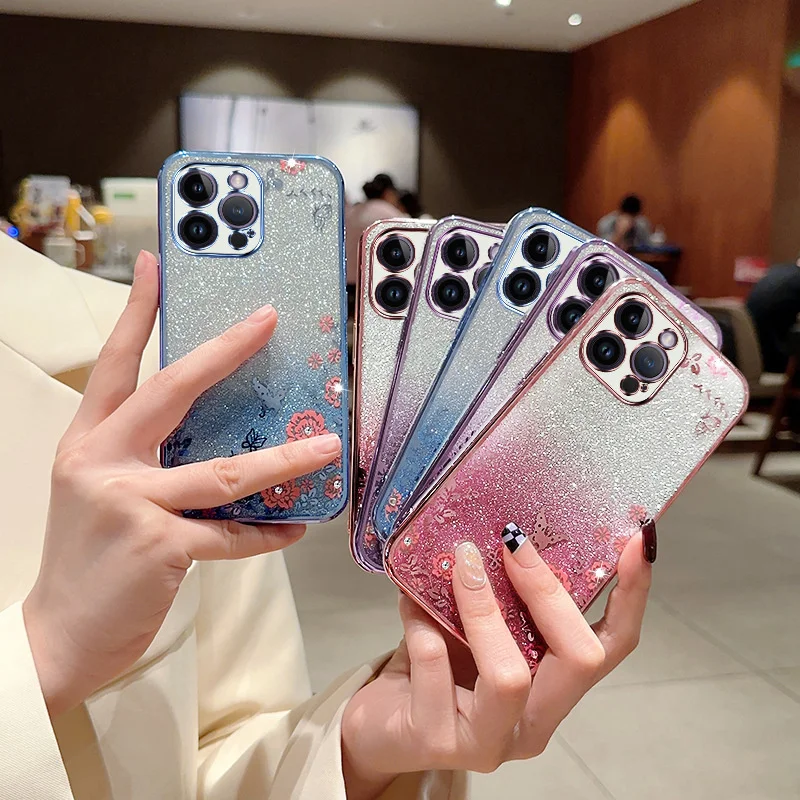 Luxury Plating Gradient Glitter Diamond Flower Pattern Clear Phone Case For iPhone 15 14 13 12 11 Pro Max Soft TPU Back Cover