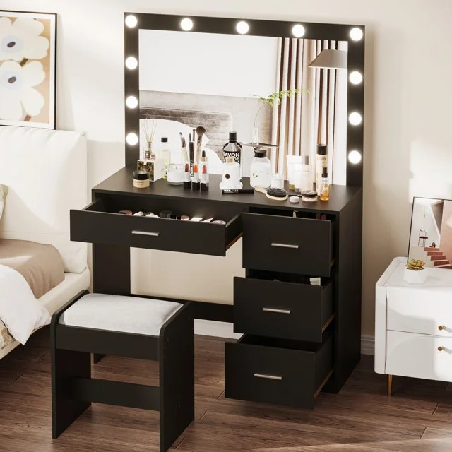 Modern Makeup Vanity Table with Lights, Vanity Desk with Mirror, 4 Drawers, Dressing Table, Black makeup table