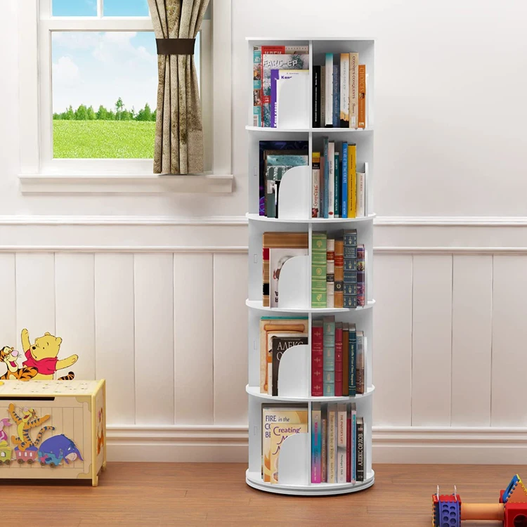 White multi purpose children library 360 degrees rotating book shelf for kids bedrooms