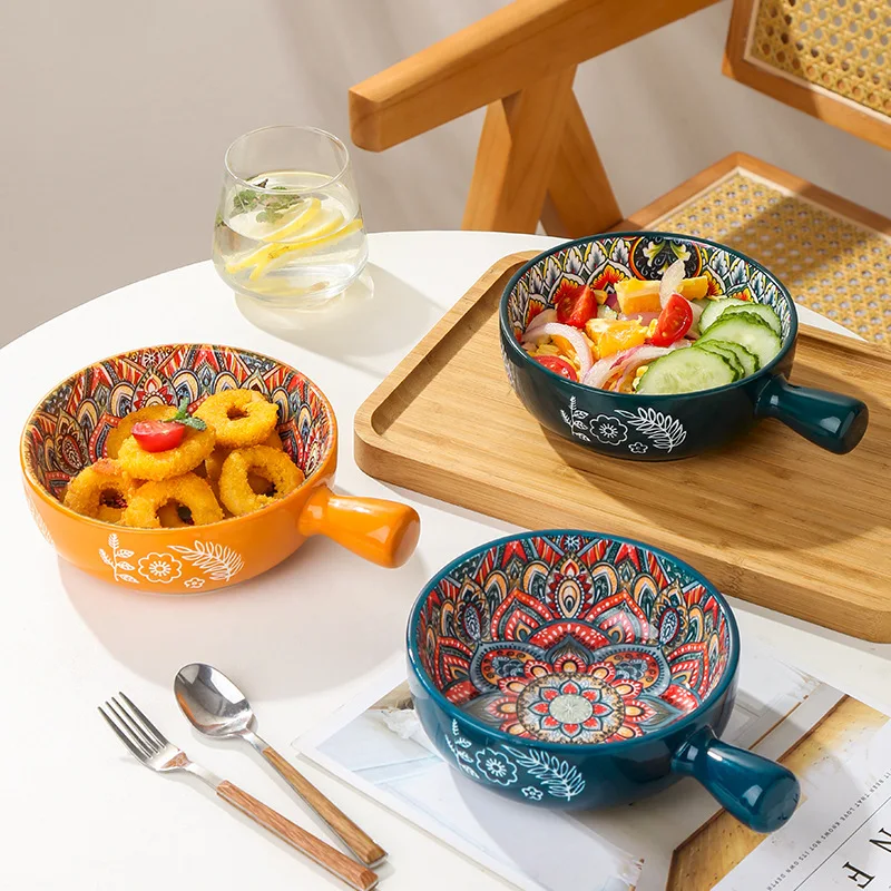 product wholesale durable bohemian ceramic single handle bowl creative relief handle bowl colorful ceramic dinnerware set560-5