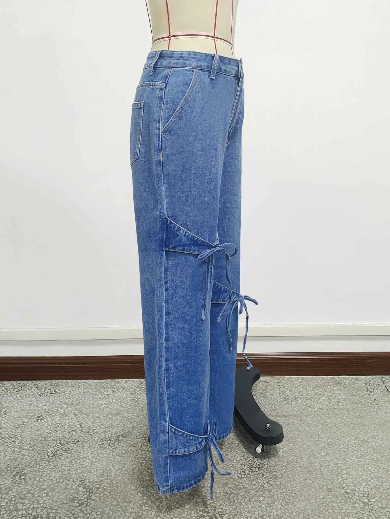 American Style Bow Tie Overalls Denim Jeans Women's Casual Summer Straight-leg Plus-size Women's Trousers manufacture