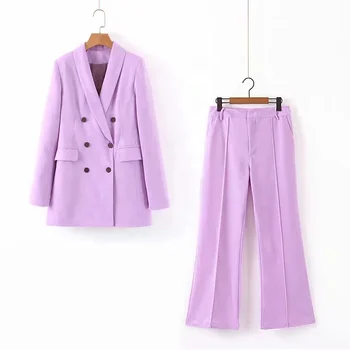 Autumn women's European and American style purple pant suits thin solid color double-breasted suit casual pants suit