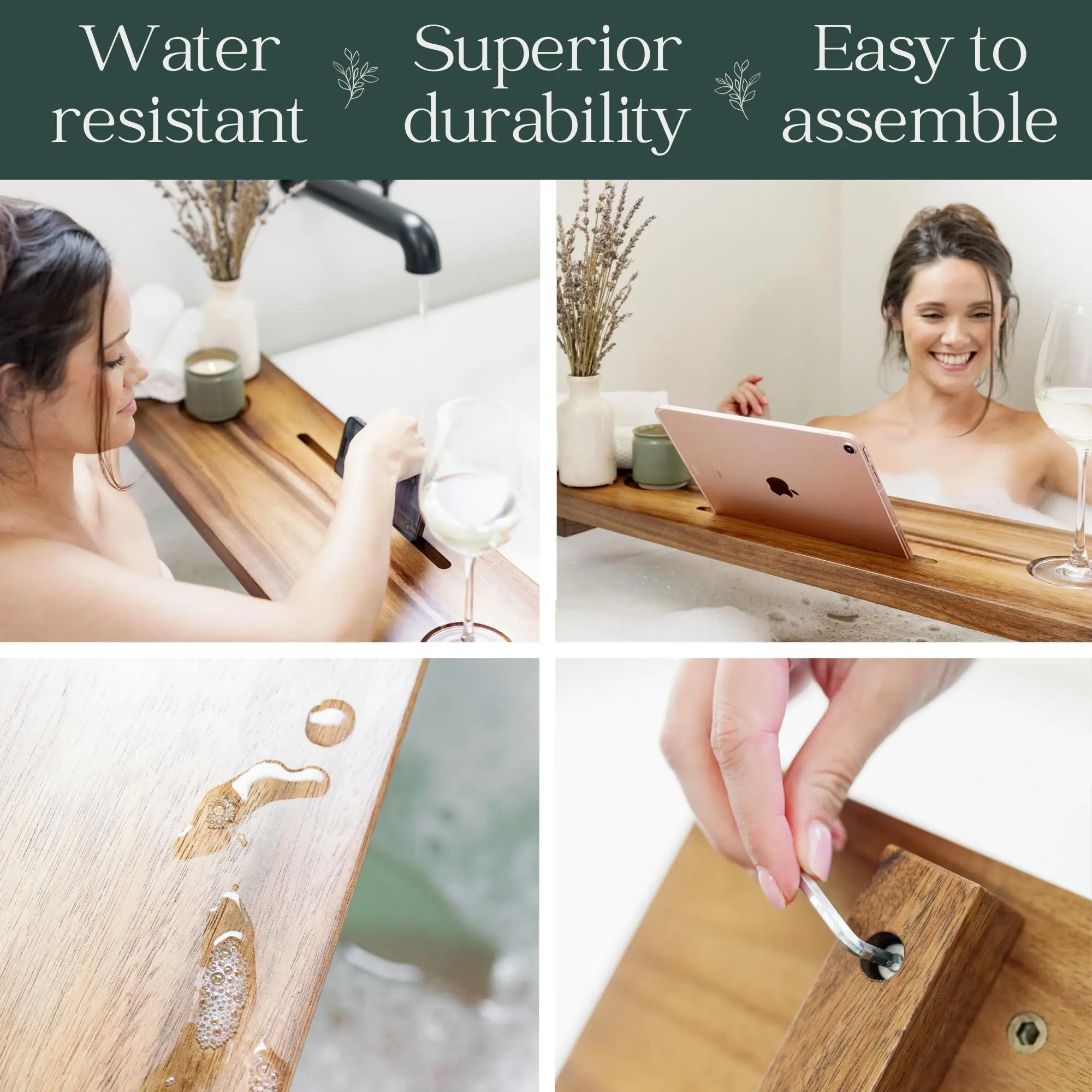 product premium acacia wood eco friendly traditional two piece lacquer finish bathtub caddy organizer serving tray fits all bath tubs-11