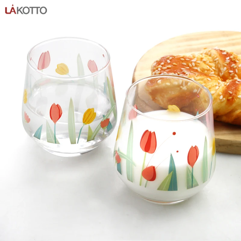 Best selling high quality Smooth Rim Tulip Decal glass heat-resisting glass cup for cold or hot drinking 380ml