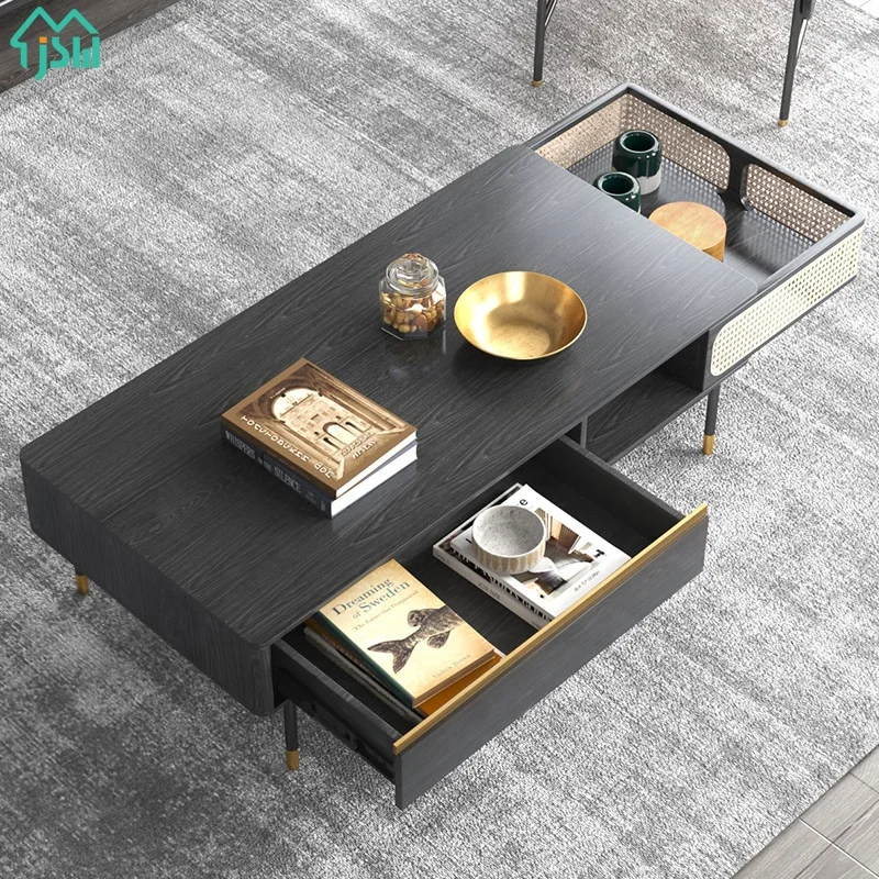 Living Room Furniture Storage Tea Table Brass Metal Legs Modern Nordic Rattan Coffee Table