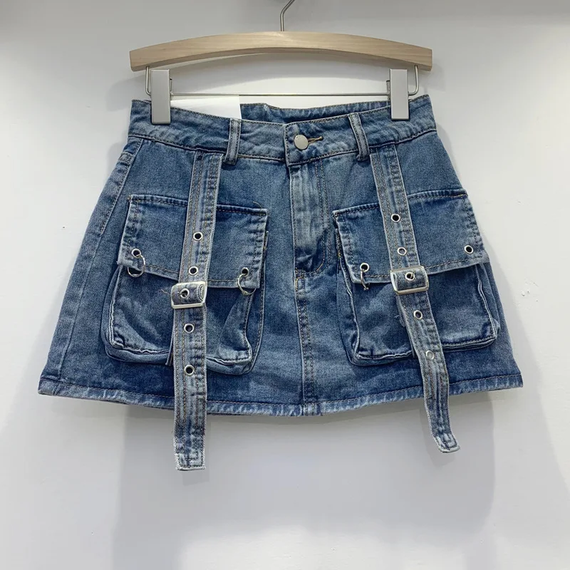 2024 Summer Women Big Pocket Vintage Short Jean Skirt Women's A-line Mini Skirt Streetwear Pocket Cargo Denim Skirt details
