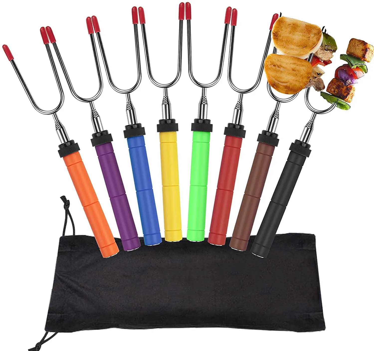 BBQ Forks Stainless Steel Smore Skewers with Wooden Handle, Telescoping Smores Roasting Sticks for Fire Pit