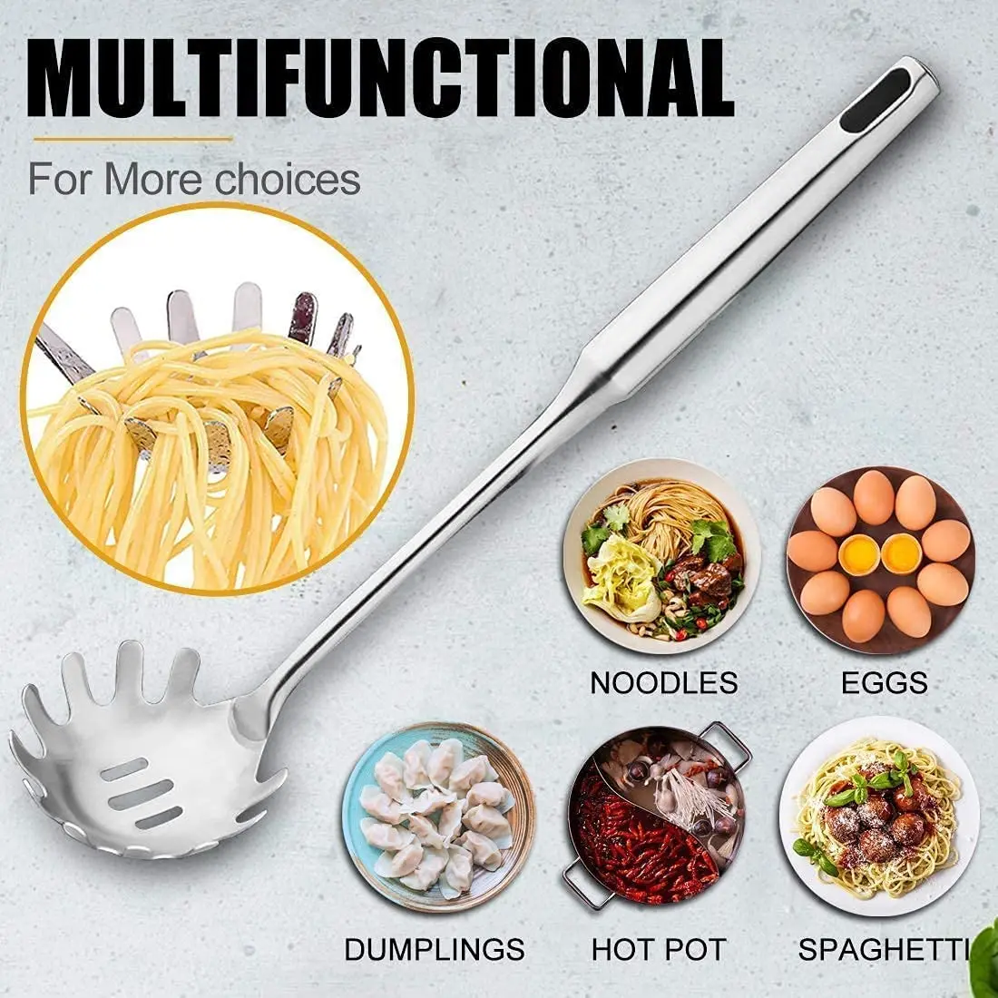 304 Stainless Steel Spaghetti Server Spoon Professional Kitchen Pasta Server with Heat Resistant Wooden Handle 13.6 Inch 