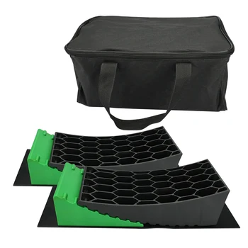 RV Leveling Blocks Includes 2 Black Curved Levelers 2 Green Wheel Chocks and 2 Anti-slip Mats  Camper Leveler Kit