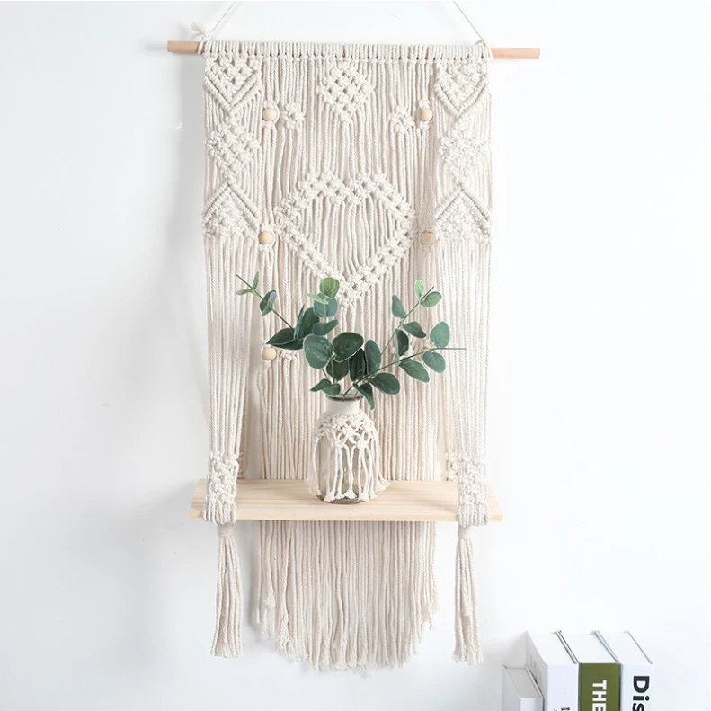 Hot Sold Macrame Wall Hanging Plant Hanger Woven Wooden Plant Pot Holder Indoor Outdoor Macrame Shelf
