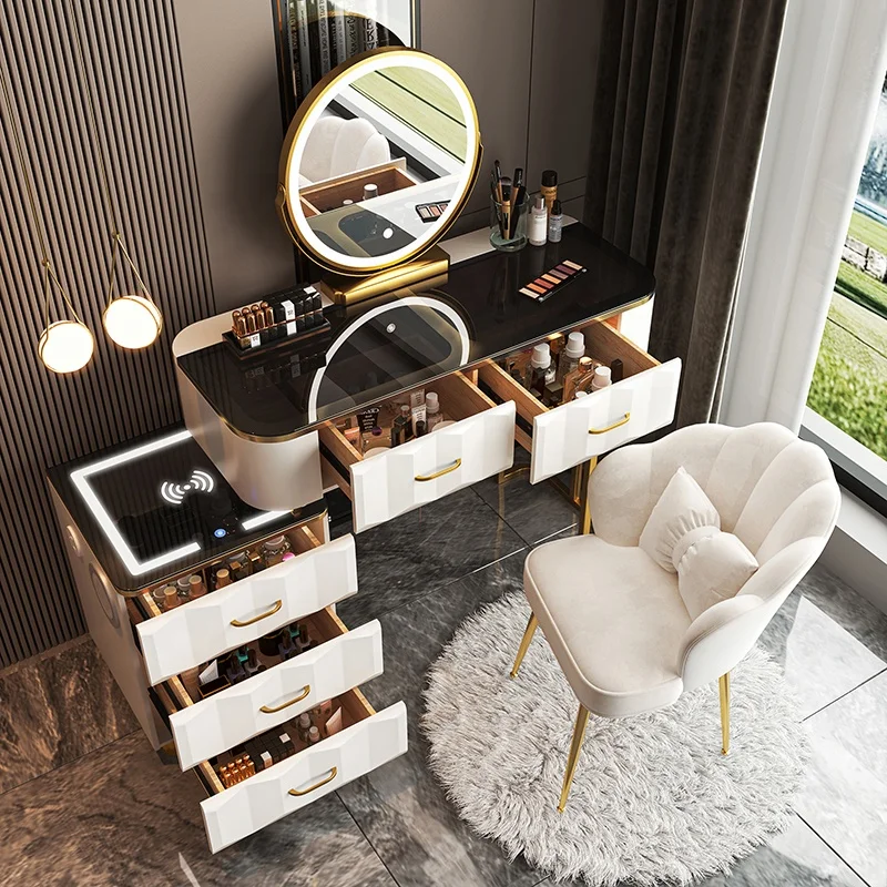 NOVA Nordic Bedroom Dressing Table Modern Minimalist Multi-functional Princess Bent Plate Smart Dresser Table with Golden Legs
