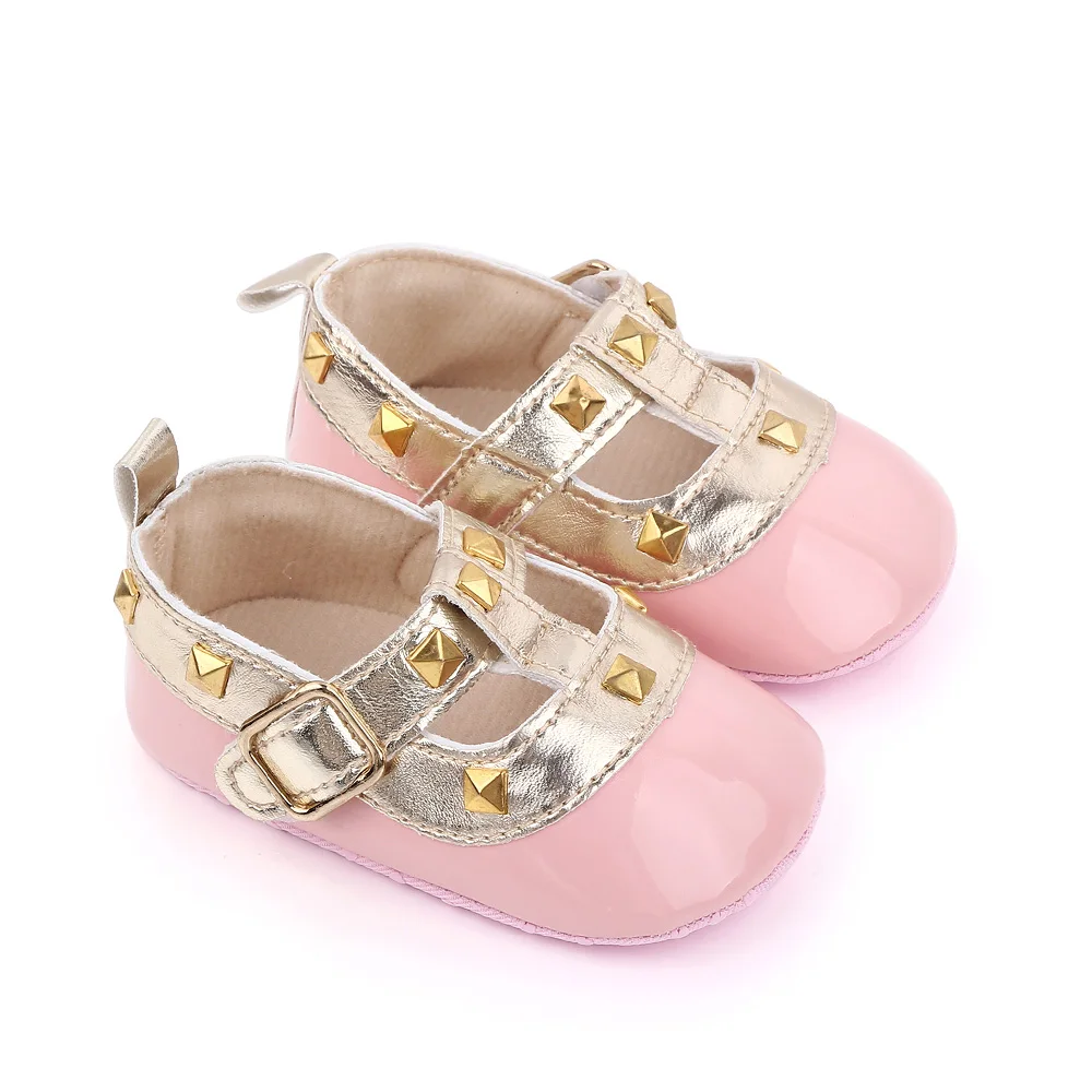 Bright Spliced Geometric Metal Decorated Baby Girls Pretty Princess Walking Shoes factory