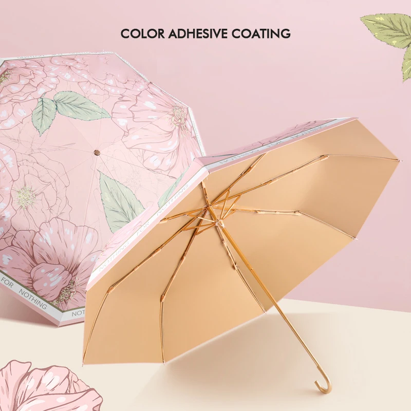 DD1967  French Style Compact Sun Umbrella Gold Coated UPF 50+ Rain Windproof UV Protection-Small Travel Umbrella