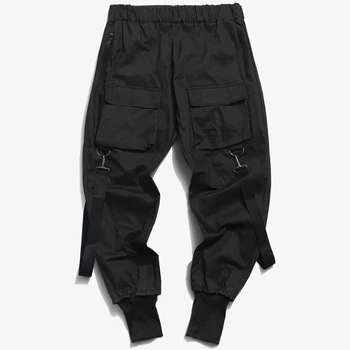 fashionable buckle detail pants multi pockets casual cargo pants black utility track pants