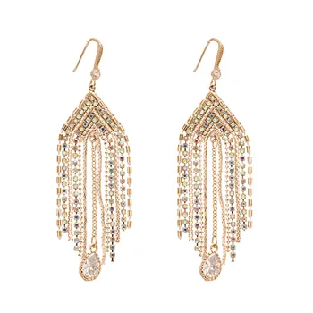 Copper diamond inlaid light luxury geometric tassel ear hook retro ethnic high-end fashion wholesale Stud Earrings for women