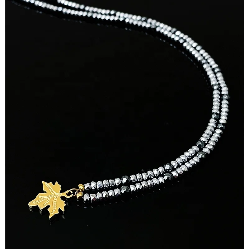 18K Gold Plated Stainless Steel Jewelry Natural Stone Beads Hematite Maple Leaf Pendant  Necklaces P223304