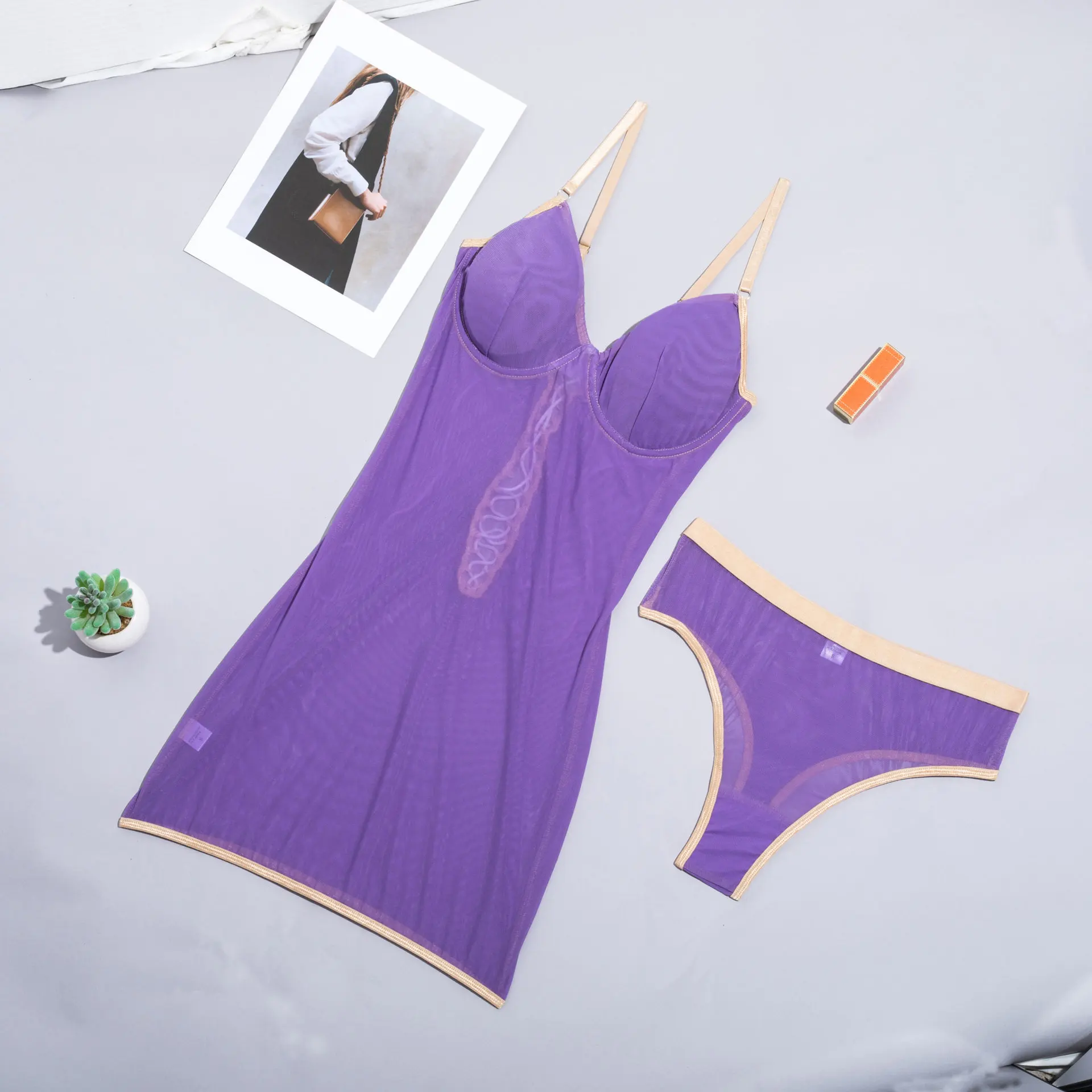 New Attractive Lavender Transparent Mesh Women Sexy Lingerie Dress Good