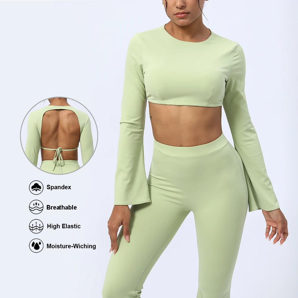 2024 New Design Women 2 Piece Set Yoga Sport Long Sleeve Shirt Yoga Flare Pant