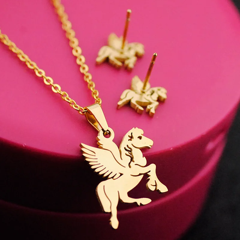 Gold Set Jewellery Dubai Brazilian Plated Sets India Stainless Steel Letters Initial Pegasus Unicorn The Fly Horse Jewelry Set