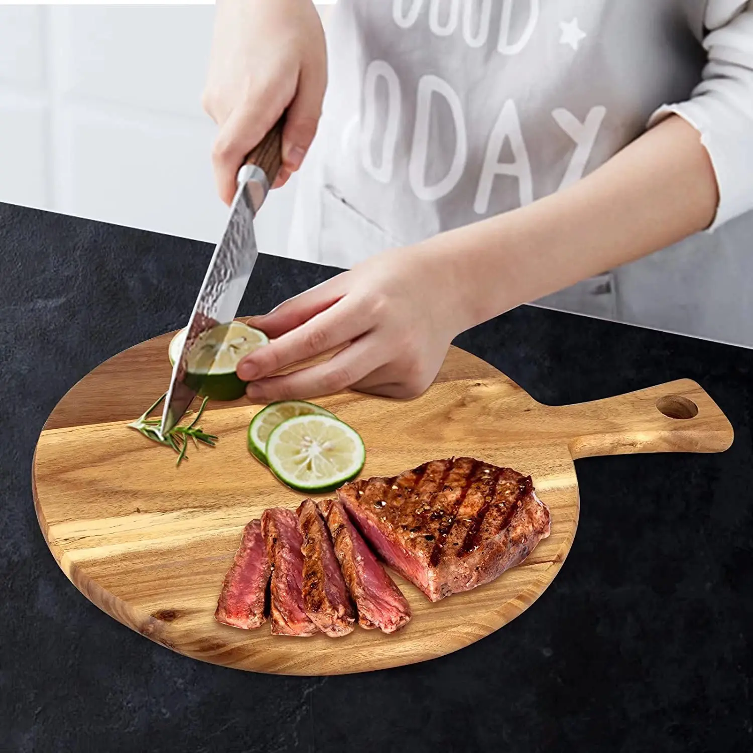 product acacia wood pizza peel cutting board round chopping boards with handle for kitchen-1